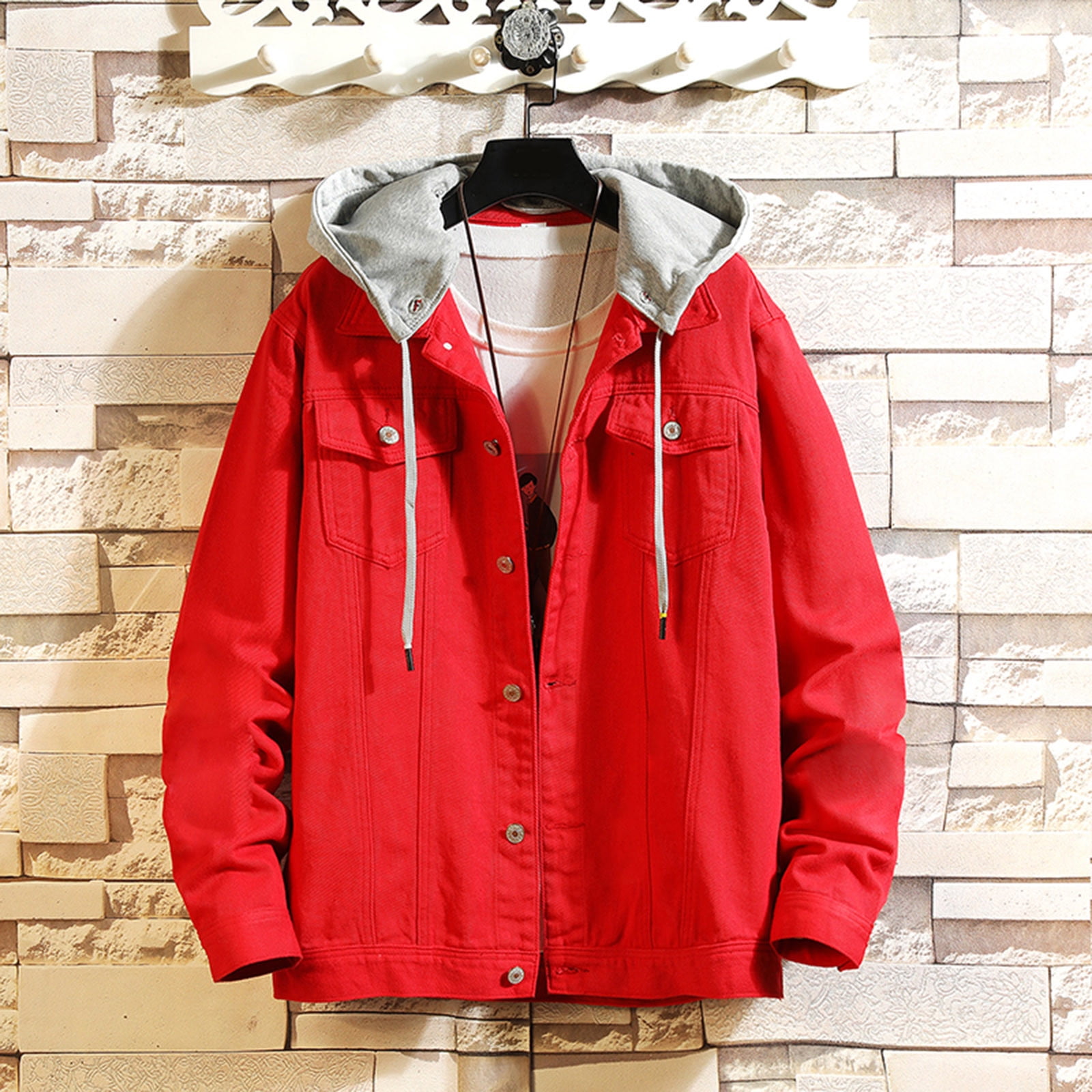 Jean jacket with red hoodie hotsell