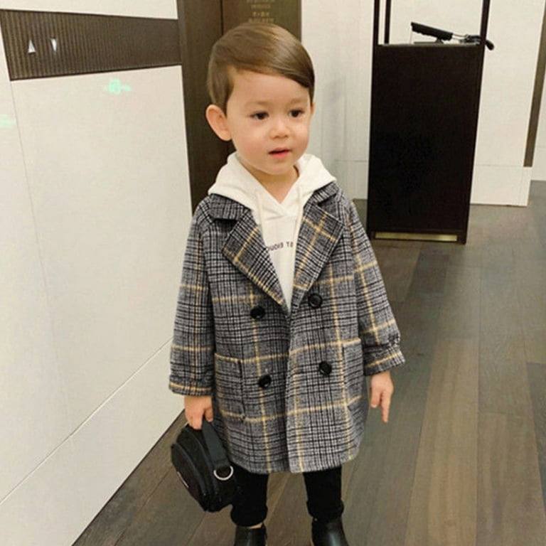 Winter Long Sleeve Plaid Coats for Unisex Gray Kids Girls Boys Coat Elegant Notched Collar Double Breasted Jacket Wool Trench Walmart