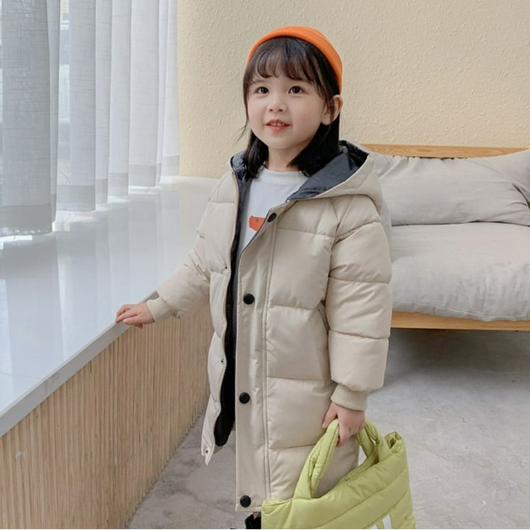 Winter Long Sleeve Thermal Puffer Jacket for Girls Beige Kids Thick Warm  Parkas Hooded Windproof Coat Outwear