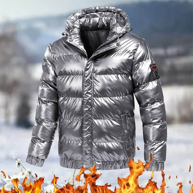 nochalofo Winter Long Sleeve Thermal Puffer Jacket for Men Gray Men s Autumn Winter Solid Color Shiny Sleeved Hooded Parkas Size XL