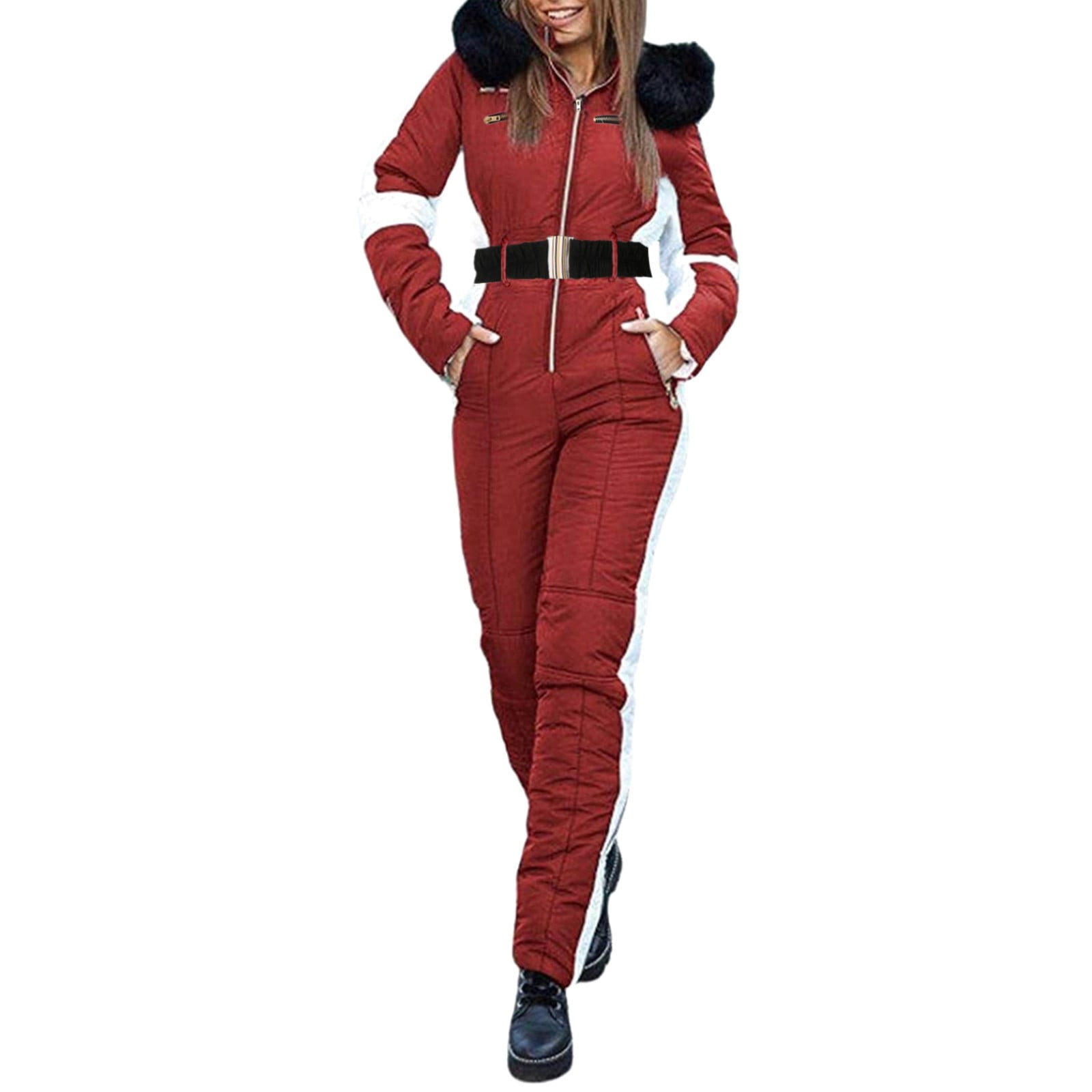 Winter Long Sleeve Workout Athletic Snow Puffer Jacket for Women Red  Women's Outdoor Sports Jumpsuit ' with Removable Collar Zipper Ski Suit 