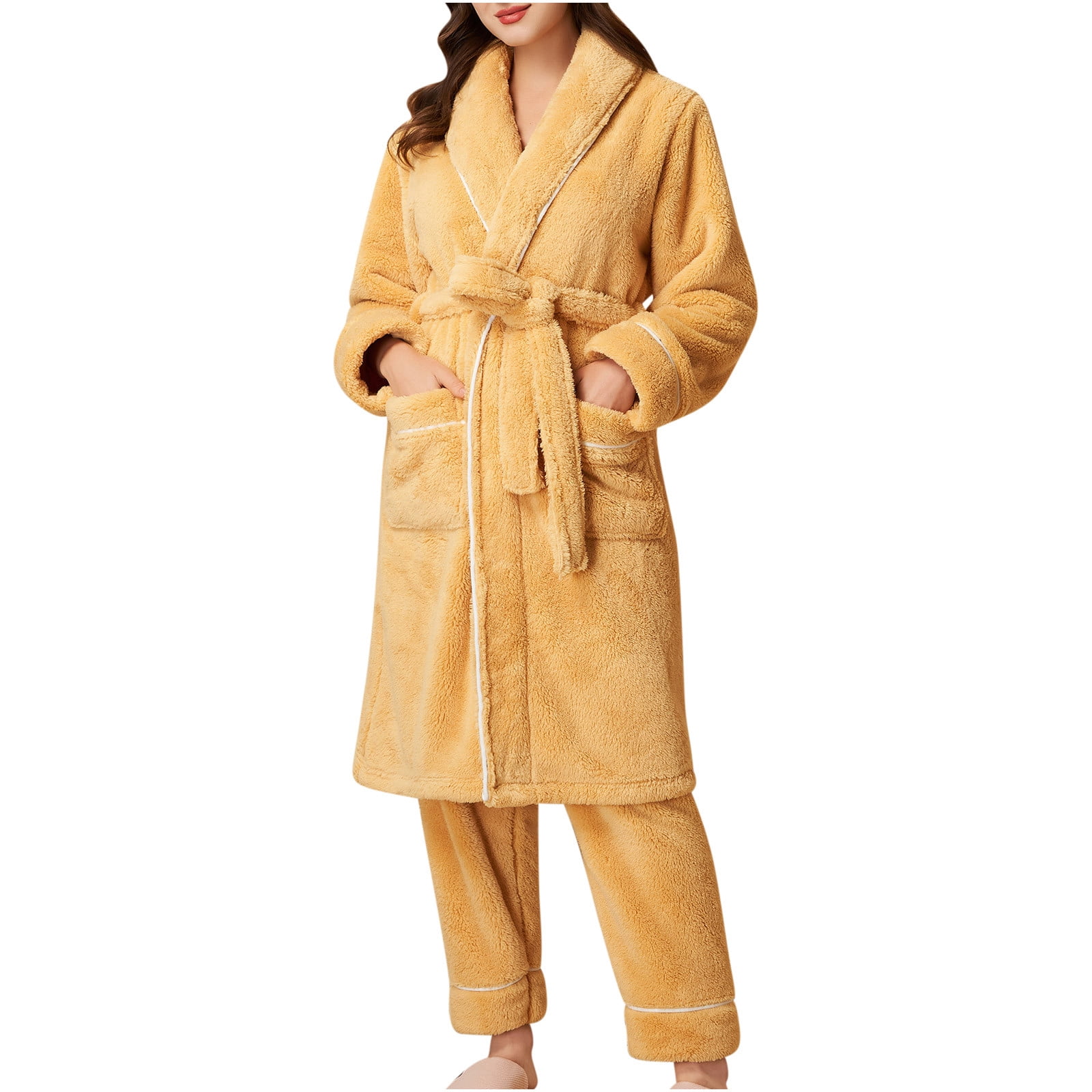 Yellow Robe Cozy Women Soft Plush Robes Cozy Warm Fleece Fluffy Spa Bathrobe with Pant ...
