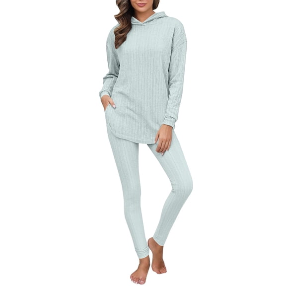 Winter Lounge Sets for Women, Hugcore Women's Casual 2 Piece Outfits Ribbed Knit Set Oversized Lightweight Hoodies and Stretchy Leggings Pants Sets 2 Piece Sweatsuits for Women Sky Blue, M