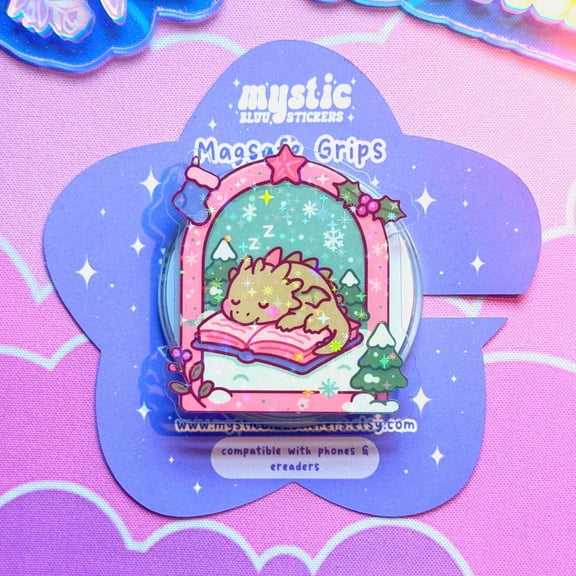 Winter MagSafe Phone Grip: Holographic Sleeping Dragon On Book Grip