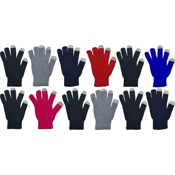 Winter Magic Gloves, 12 Pairs Stretchy Warm Knit Bulk Pack Mens Womens (Assorted Touchscreen)
