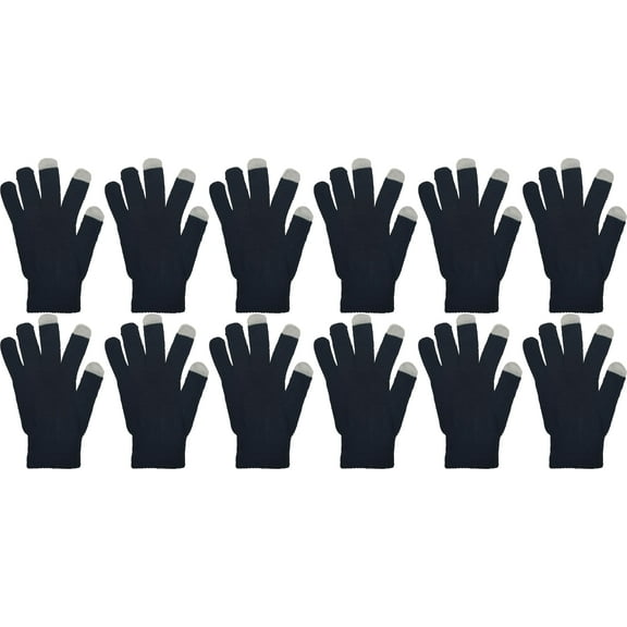 Winter Magic Gloves, 12 Pairs Stretchy Warm Knit Bulk Pack Mens Womens (Black Touchscreen)