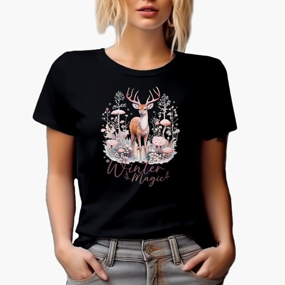 Winter Magic with Watercolor Reindeer & Mushrooms Art, Christmas Gift, Black T-Shirt, Small