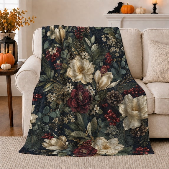 Winter Magnolia Floral Pattern with Red Berries, Pine Cones and Evergreen Leaves, Warm Flannel Blanket, Home Decor for Women, Bedroom and Living Room, Christmas Gift, Botanical Art