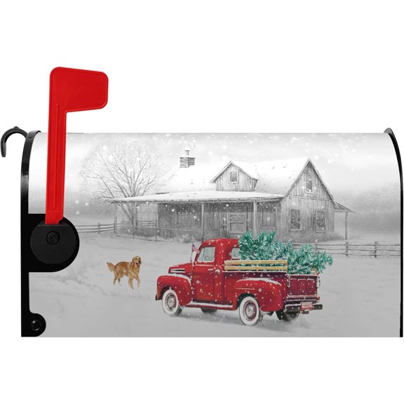 Winter Mailbox Cover Red Truck Snowflake Mailbox Wrap with Magnetic Strip Christmas Dog Snowy Letter Post Box Cover Decoration Welcome Home Outdoor Standard Size 21" Lx 18" W