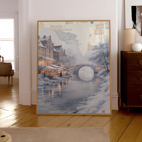 Winter Market By The Bridge Wall Art Print, Snowy Town Scene,Seasonal Wall Decor, Cozy Winter Portrait Print Home Decor #2581, Unframed Canvas Size 12x18