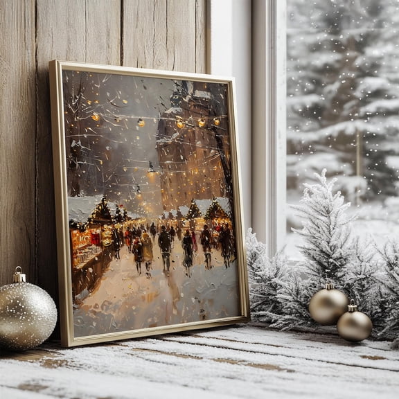 Winter Market Print, Festive European Winter Town Scene Home Decor UNFRAMED Poster, Wall Art for Decor, Present, 16x24