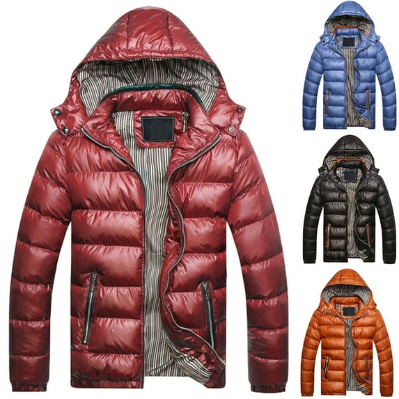 Winter Men Solid Color Hooded Long Sleeve Zip Up Pocket Down Jacket Quilted Coat