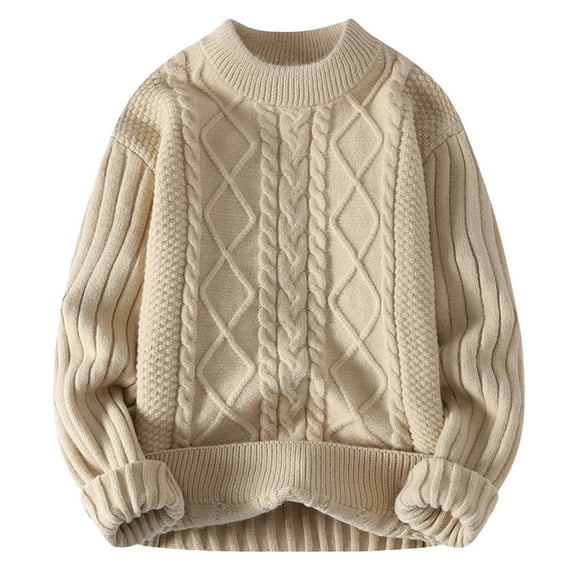 Winter Men Sweater Round Neck Solid Color Male Fit Knitted Pullover Loose Retro Sweaters, Khaki, L