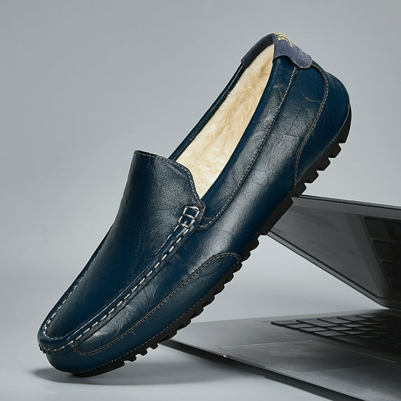Winter Men's Casual Loafers Slip On Outdoor Fuzzy Furry Loafers Leather Warm Comfortable Shoes Male Driving Shoes Moccasins Classic Penny Loafer Flats Boat Shoes