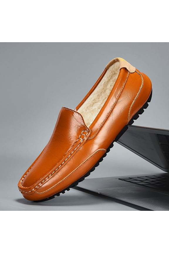 Winter Men's Casual Loafers Slip On Outdoor Fuzzy Furry Loafers Leather Warm Comfortable Shoes Male Driving Shoes Moccasins Classic Penny Loafer Flats Boat Shoes
