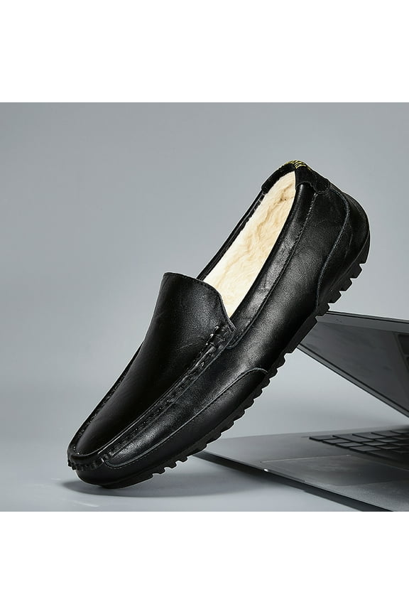 Winter Men's Casual Loafers Slip On Outdoor Fuzzy Furry Loafers Leather Warm Comfortable Shoes Male Driving Shoes Moccasins Classic Penny Loafer Flats Boat Shoes