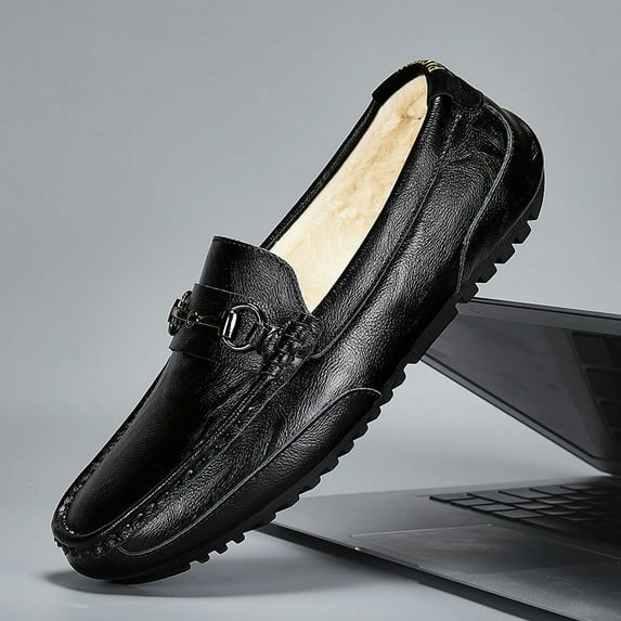 Winter Men's Casual Loafers Slip On Outdoor Fuzzy Furry Loafers Leather Warm Comfortable Shoes Male Driving Shoes Moccasins Classic Penny Loafer Flats Boat Shoes