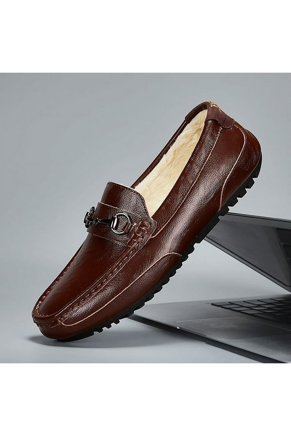 Winter Men's Casual Loafers Slip On Outdoor Fuzzy Furry Loafers Leather Warm Comfortable Shoes Male Driving Shoes Moccasins Classic Penny Loafer Flats Boat Shoes