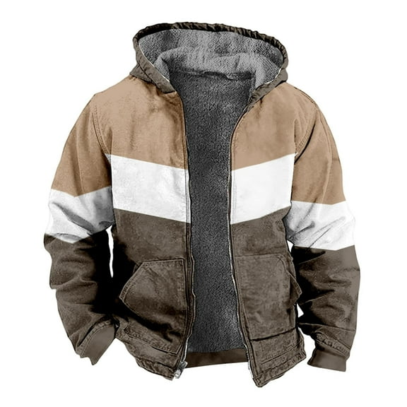 Winter Men's Color Block Pattern 3D Print Digital Print Hooded Sweatshirt Brown Padded Jacket