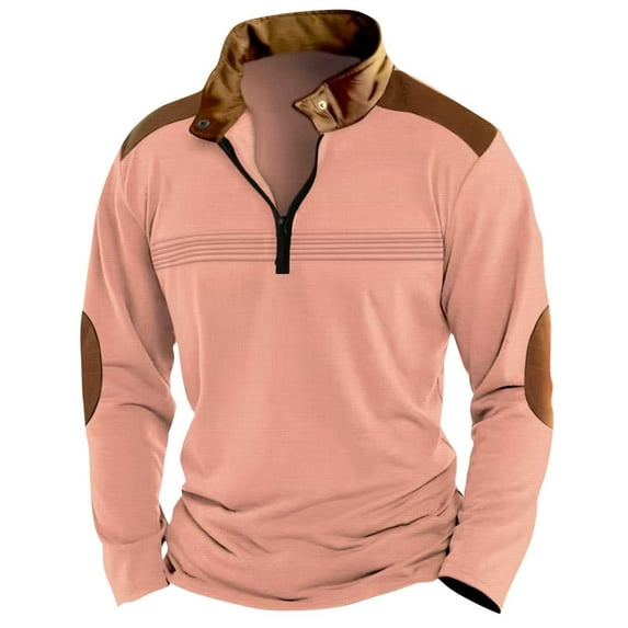 Winter Mens Sweatshirt Pink Warm Pullover Long Sleeve Casual Solid Color Jacquard Half Zipper Plus Size L