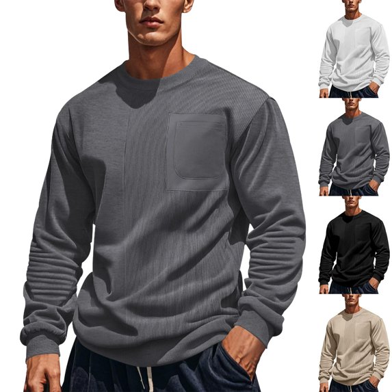 Winter Mens Sweatshirt Trendy Casual Solid Color Splicing Long Sleeved Round Neck Fall Fashion Pullover Shirts