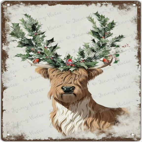 Winter Metal Signs Cow Vintage Square Tin Sign Christmas Holly Home Decor Cabin Wall Sign Decor Watercolor Rustic Deer Winter Wall Art Sign Chic Shabby Farmhouse Sign 12x12 Inches