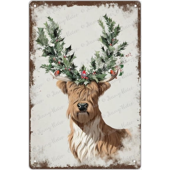 Winter Metal Signs Cow Vintage Tin Sign Christmas Holly Home Decor Cabin Wall Sign Decor Watercolor Rustic Deer Winter Wall Art Sign Chic Shabby Farmhouse Tin Sign 12x8 inches