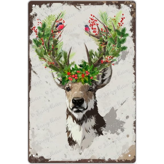 Winter Metal Tin Signs Reindeer Vintage Tin Sign Christmas Holly Home Decor Cabin Wall Sign Decor Watercolor Rustic Deer Winter Wall Art Sign for Bedroom Living Room 12x8 inches
