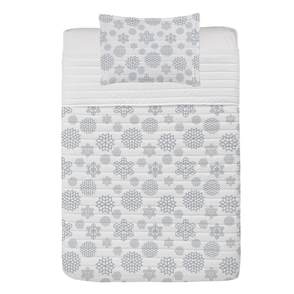 Winter Microfiber Bedspread Set, Geometric Design Modern Snowflake Motif Repetitive Pattern Abstract Christmas, Soft Bedding Set with Pillow Shams & Comforter, 3 Sizes, Grey and White, by Ambesonne