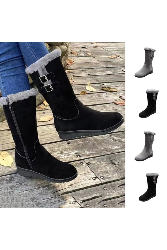 Winter Mid-Calf Boots Women's Trendy Thick-Soled Solid Color Thickened Velvet Round Toe Snow Boots Comfortable Warm Wide-Leg Shoes with Side Zipper