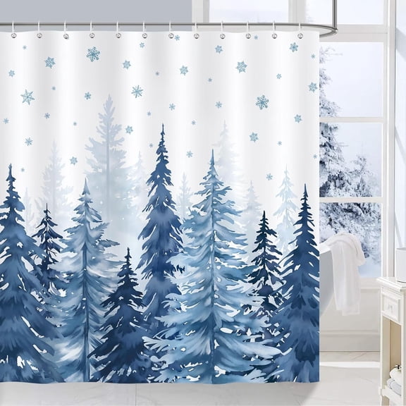 Winter Misty Forest Shower Curtain, Blue Pine Tree Snowflake Nature Snow Scene Shower Curtain for Bathroom Waterproof Polyester Fabric with 12 Hooks, 60x72inches
