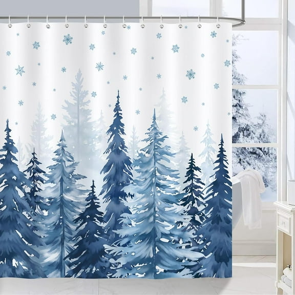 Winter Misty Forest Shower Curtain, Blue Pine Tree Snowflake Nature Snow Scene Shower Curtain for Bathroom Waterproof Polyester Fabric with 12 Hooks, 60 x 72 Inches