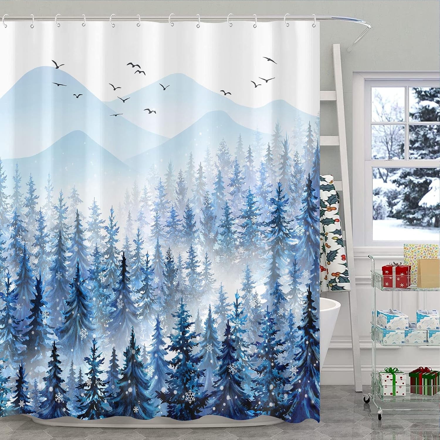 Winter Misty Forest Shower Curtain Christmas Snowflake Pine Tree Waterproof Fabric Shower Curtains for Bathroom Blue White Nature Mountain Xmas Snow Trees Bath Curtain Decor 72x72 inches
