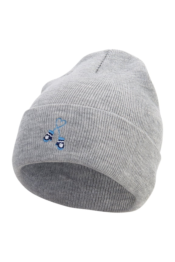 Winter Mittens Embroidered 12 Inch Long Knitted Beanie - Heather Grey OSFM