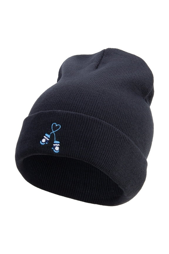 Winter Mittens Embroidered 12 Inch Long Knitted Beanie - Navy OSFM