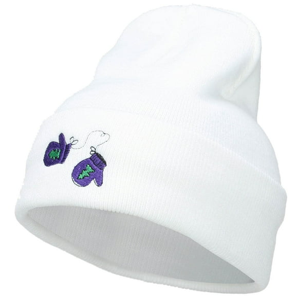 Winter Mittens Embroidered Long Beanie - White OSFM