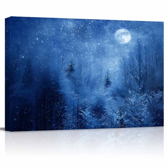 Winter Moon Canvas Print Wall Art Blue Starry Night Nature Forest Tree Snow Pictures Painting Morden Artwork for Living Room Bedroom, Ready to Hang - 12"x16"