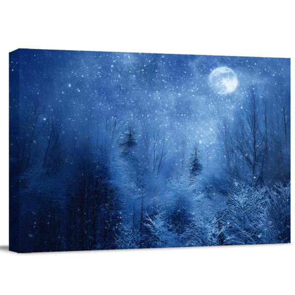 Winter Moon Canvas Wall Art, Blue Starry Night Nature Forest Tree Snow Wall Art Prints Artwork Framed Canvas Ready to Hang Art Pictures for Kitchen Living Room Bedroom Hallway 28" x 22"
