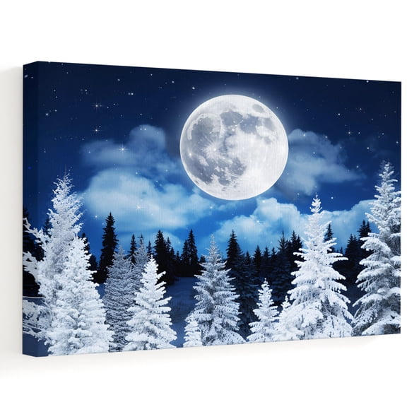 Winter Moon Canvas Wall Art, Starry Night Snowy Forest Landscapes Wall Art Prints Artwork Framed Canvas Ready to Hang Art Pictures for Large Dining Living Room Hallway 36" x 24"