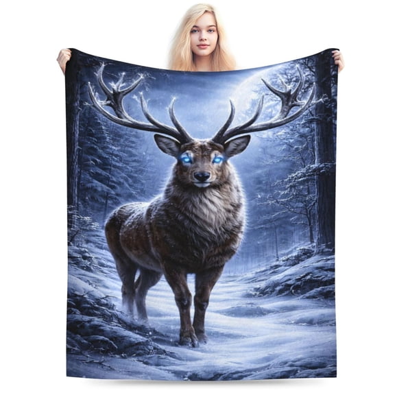 Winter Moon Deer Blanket Christmas Holiday Throw Soft Flannel Fleece Cozy Snow Forest Stag Home Decor Gift for Adults 50x40