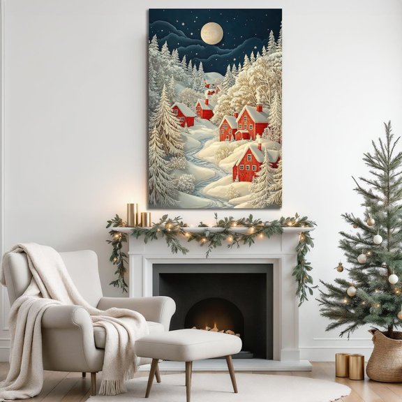 Winter Moonlit Village Wall Art Snowy Houses And Pine Trees Winter Decor Full Moon Night Scene Style One, Unframed Paper Print