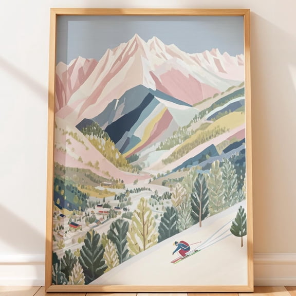 Winter Mountain Alpine Ski Pastel Village Evergreens Unframed Paper Print