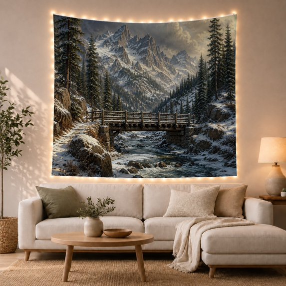 Winter Mountain Bridge Over Icy River, Dramatic Rustic Style for Nature Lovers, Mountain Landscape Wall Art, Housewarming Gift, Tapestry Wall Hanging for Living Room and Cabin