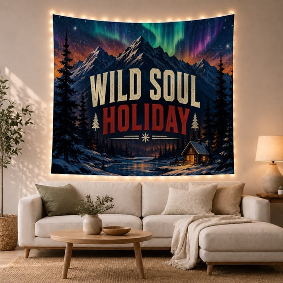 Winter Mountain Cabin Under Aurora Lights, Cozy Vintage Style for Outdoor Enthusiasts, Rustic Cabin Decor, Christmas Gift, Tapestry Wall Hanging for Cabin and Dorm