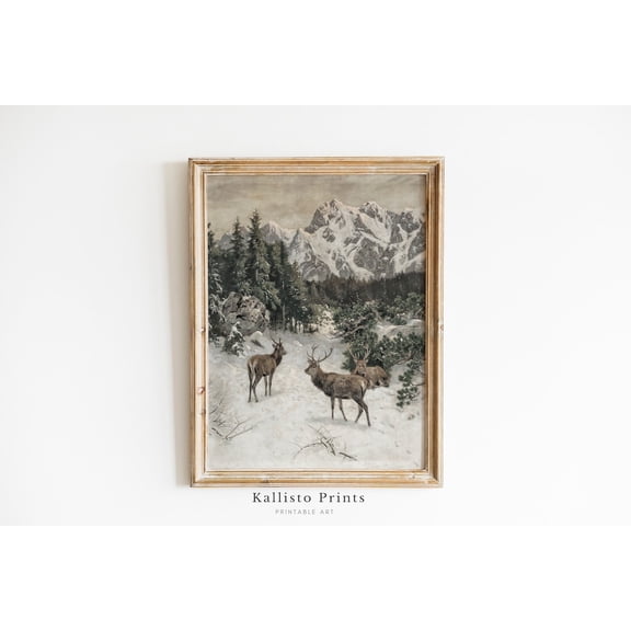 Winter Mountain Deer Art Print Poster, Rustic Wildlife Snow Scene, Majestic Deer in Forest Landscape, Nature-Inspired Wall Art 246, Size 16x24 UNFFRAMED F03.1.6l2809