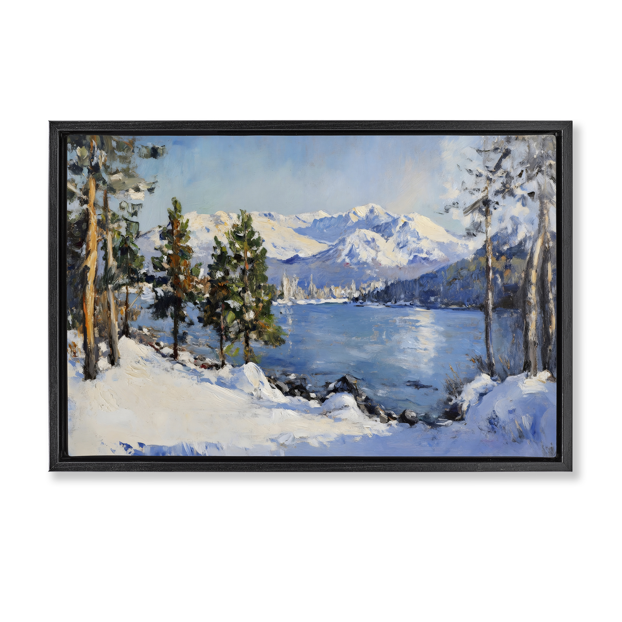 Winter Mountain Lake Black Framed Floater Canvas Wall Art, design by Petal Prints Design