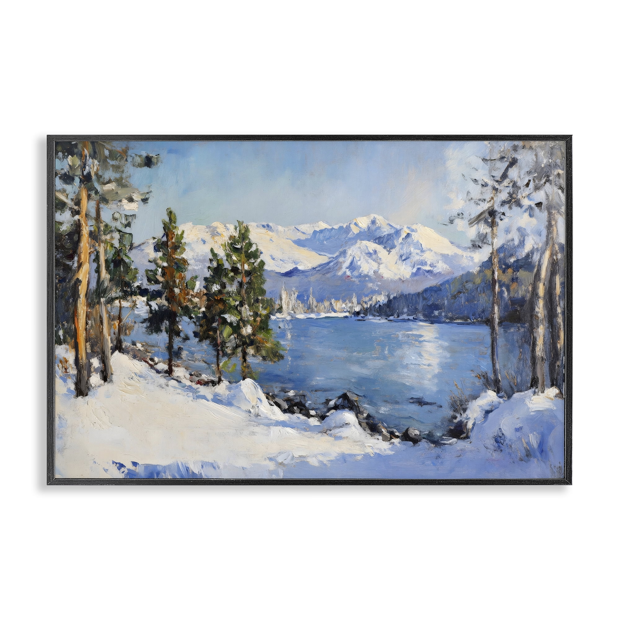 Winter Mountain Lake Black Framed Giclee Art, design by Petal Prints Design