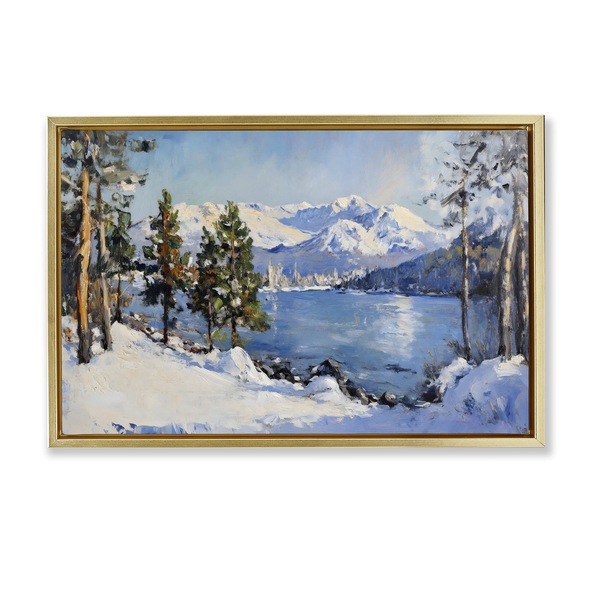 Winter Mountain Lake Gold Framed Floater Canvas Wall Art, design by Petal Prints Design