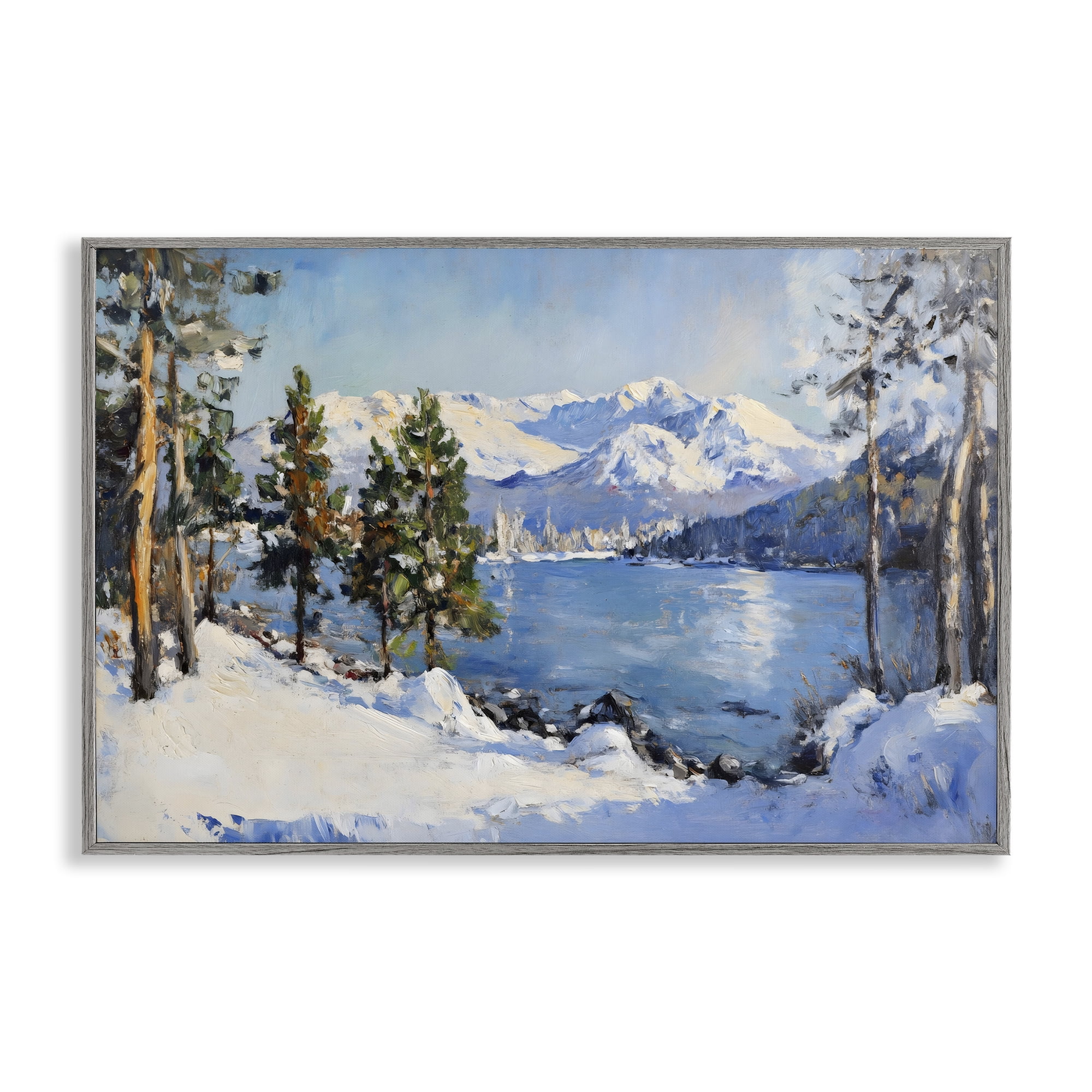 Winter Mountain Lake Gray Framed Giclee Art, design by Petal Prints Design