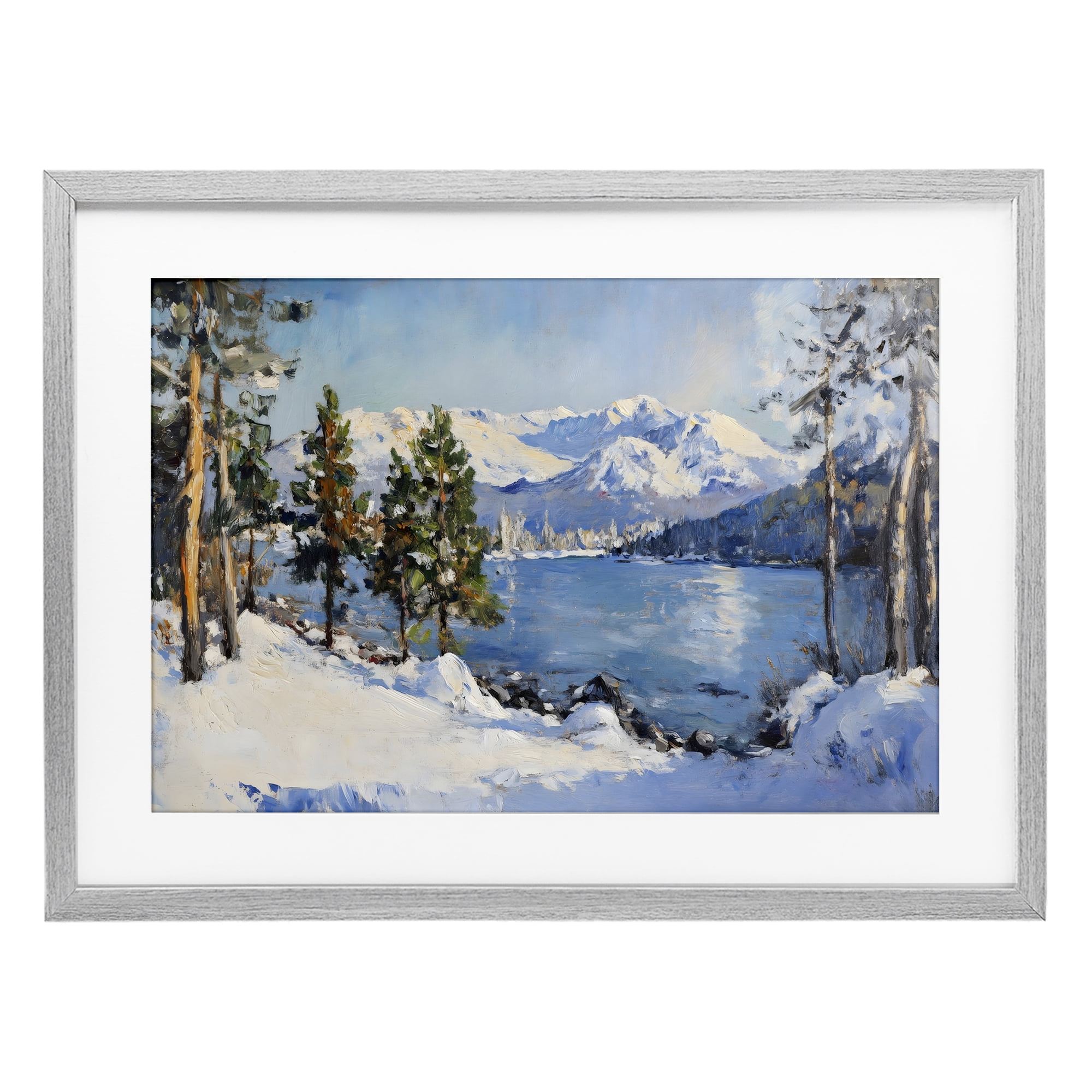 Winter Mountain Lake Gray Framed Print Under Glass, design by Petal Prints Design